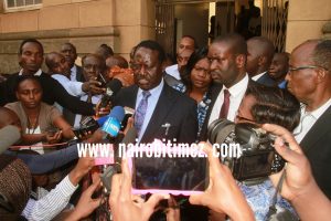 Cord leader Raila Odinga speaking outside court of appeal after court ordered release of doctors. 