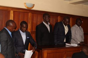 Paul Kobia ,Alvin Anzaya,Nelson Muyi,John Mutwiri and Martin Mwangi before a Nairobi court on Thursday (S.A.N).