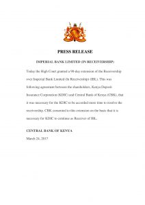 Central Bank of Kenya statement few minutes after high court extended Imperial Bank receivership for 90days.