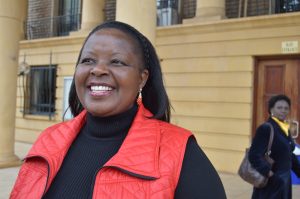 Bishop Margaret Wanjiru outside milimani law courts building after charges were withdrawn unconditionally under section 204 of the criminal procedure code.