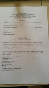 Notice of Appeal that has been filed to challenge Justice George Odunga decision.