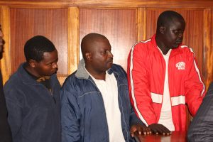 Three county askaris Philemon Cheburet Kimei, Peter Ndungu Gitau and Bernard Maina Kogi charged with robbery with violence before a Nairobi Court.