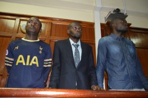 Salim Odhiambo Rakula and Anthony Kirubi Njoroge and Francis Kilonzo Nzuki before a Nairobi Court on Tuesday April 10,2018/PHOTO BY S.A.N.